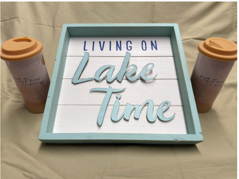 Two Hallmark Ceramic Travel Mugs and a “Living on Lake Time” framed image